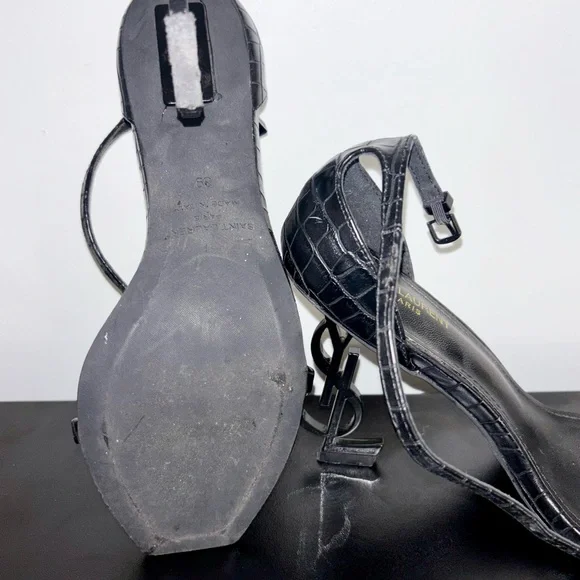 Saint Laurent Black Croc-Embossed YSL Logo Heel Sandal - Picture 4 of 4